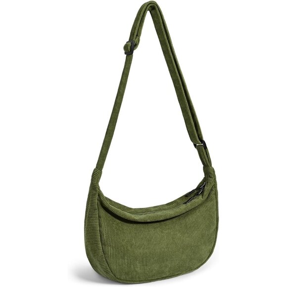 Women Corduroy Green Imported Polyester Crossbody Lightweight Crescent Sling Bag - Picture 1 of 7